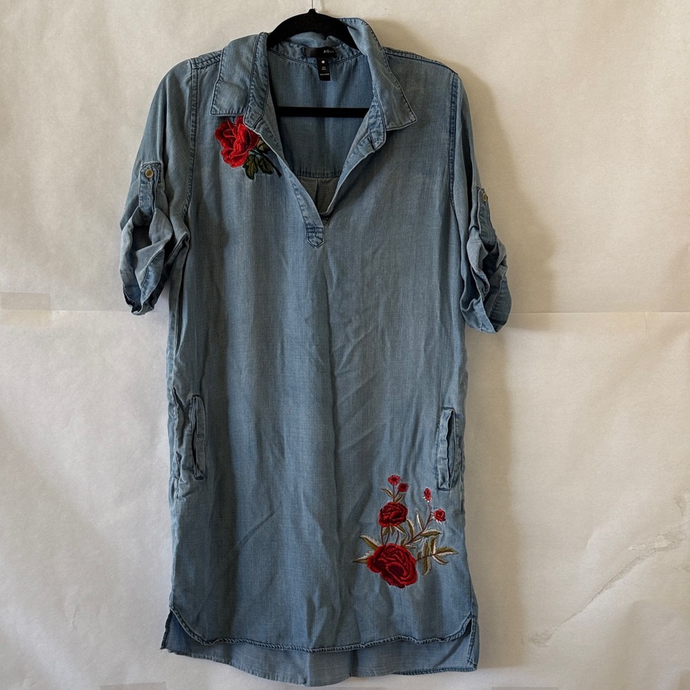 Aqua Chambray Dress L Embroidered Roses Pockets Lightweight Denim Romantic Boho